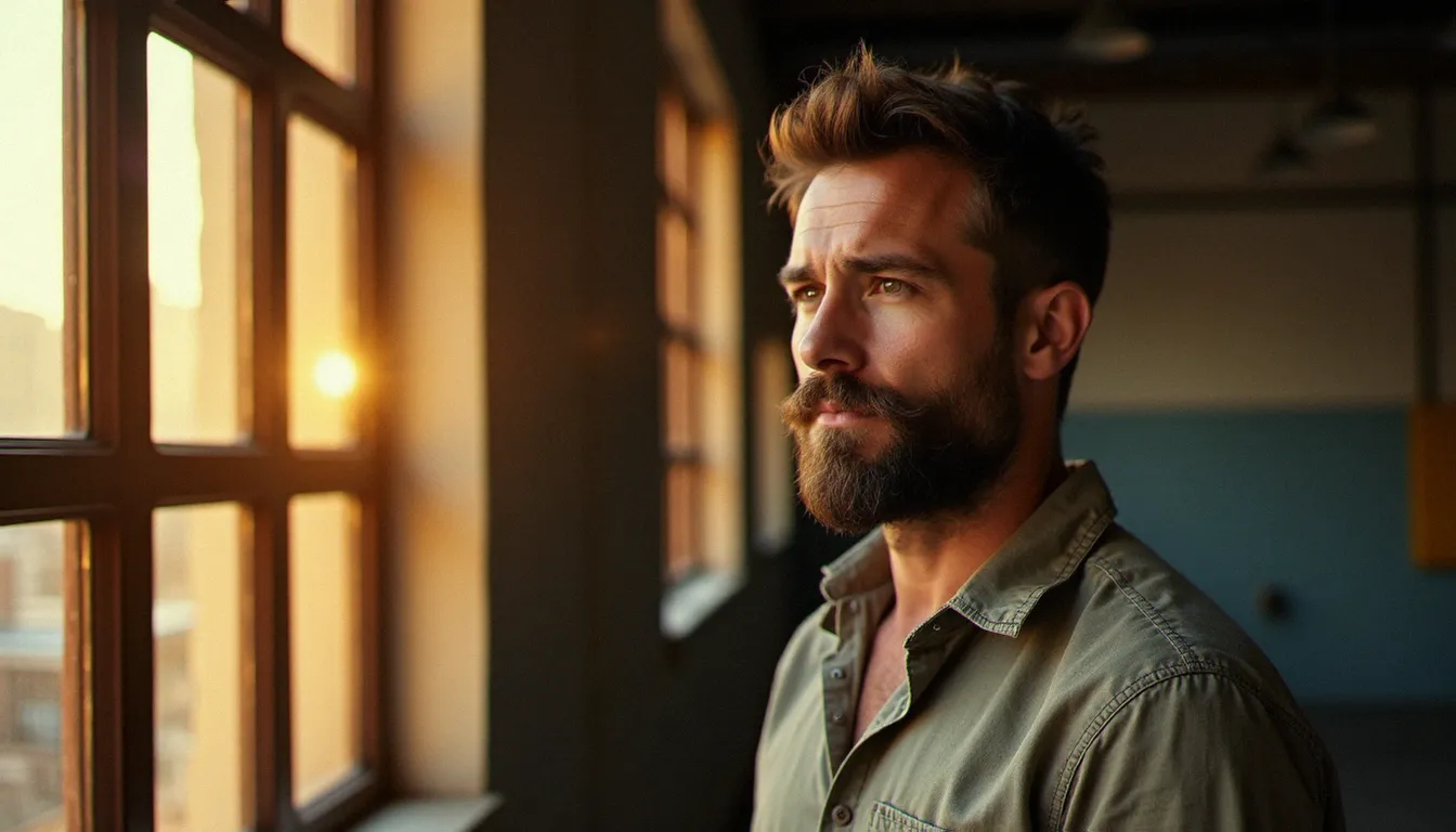 Portrait naturel d'un homme photographié en lumière dorée matinale près d'une fenêtre industrielle, illustrant la technique de photo naturel homme
