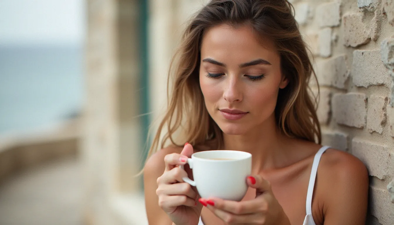 Portrait naturel féminin en gros plan contre un mur en pierre, les mains tenant une tasse, lumière de ciel couvert pour un rendu de peau doux et uniforme