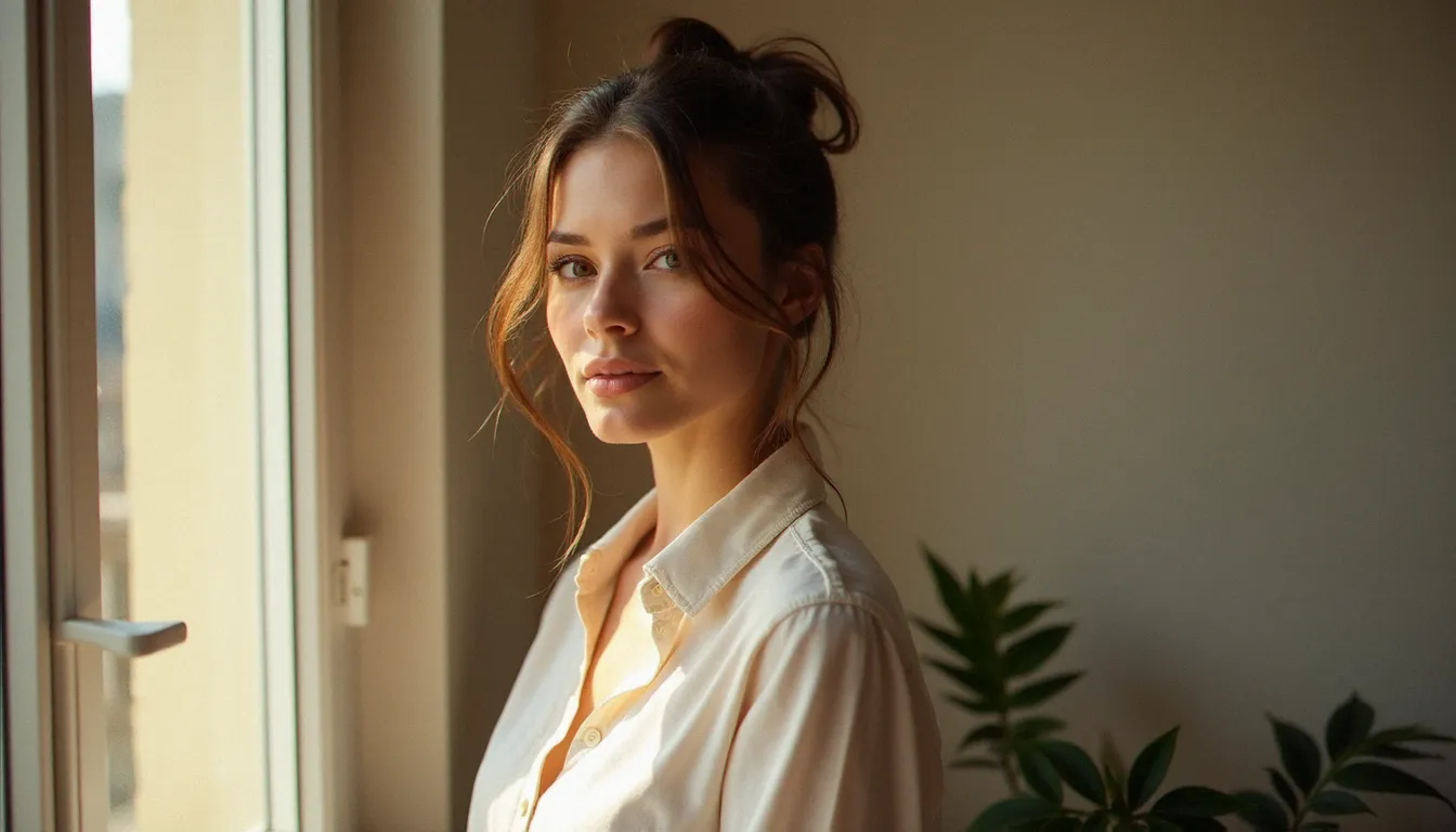Photo naturelle femme près d'une fenêtre baignée de lumière matinale, regard authentique et expression sereine en lumière ambiante