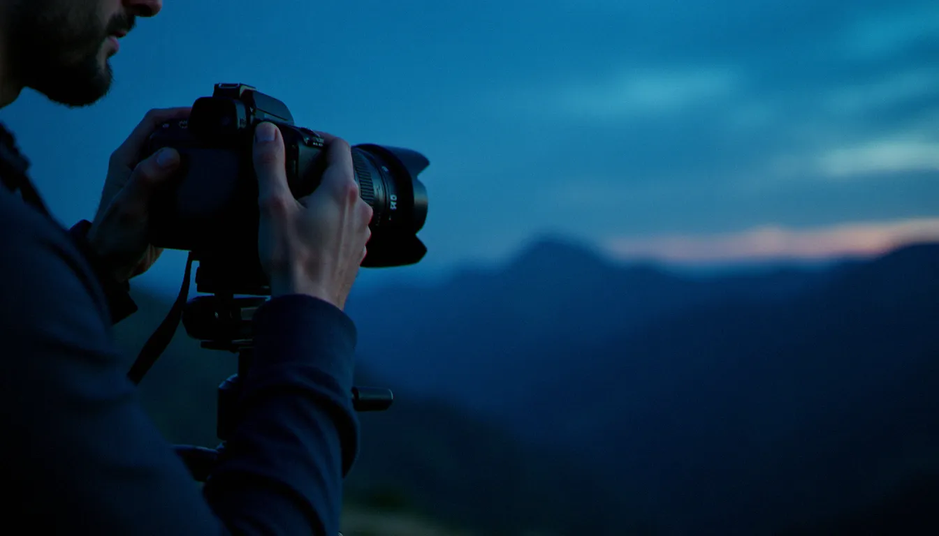 Photographe réglant son appareil sur trépied à l'heure bleue devant un panorama de montagne en lumière naturelle crépusculaire