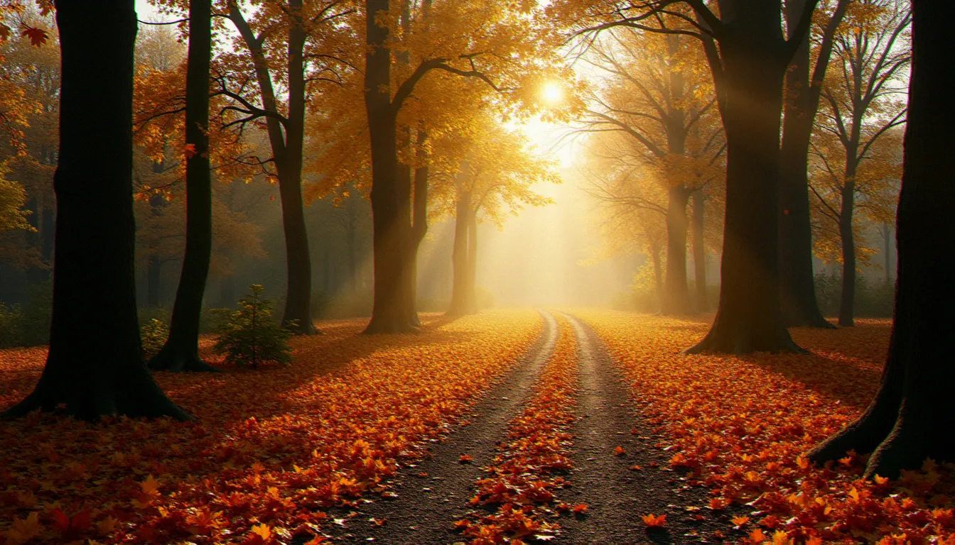 Chemin forestier automnal en Charente avec feuilles dorées au sol et lumière naturelle filtrée à travers les arbres, illustrant la composition en photo paysage naturel