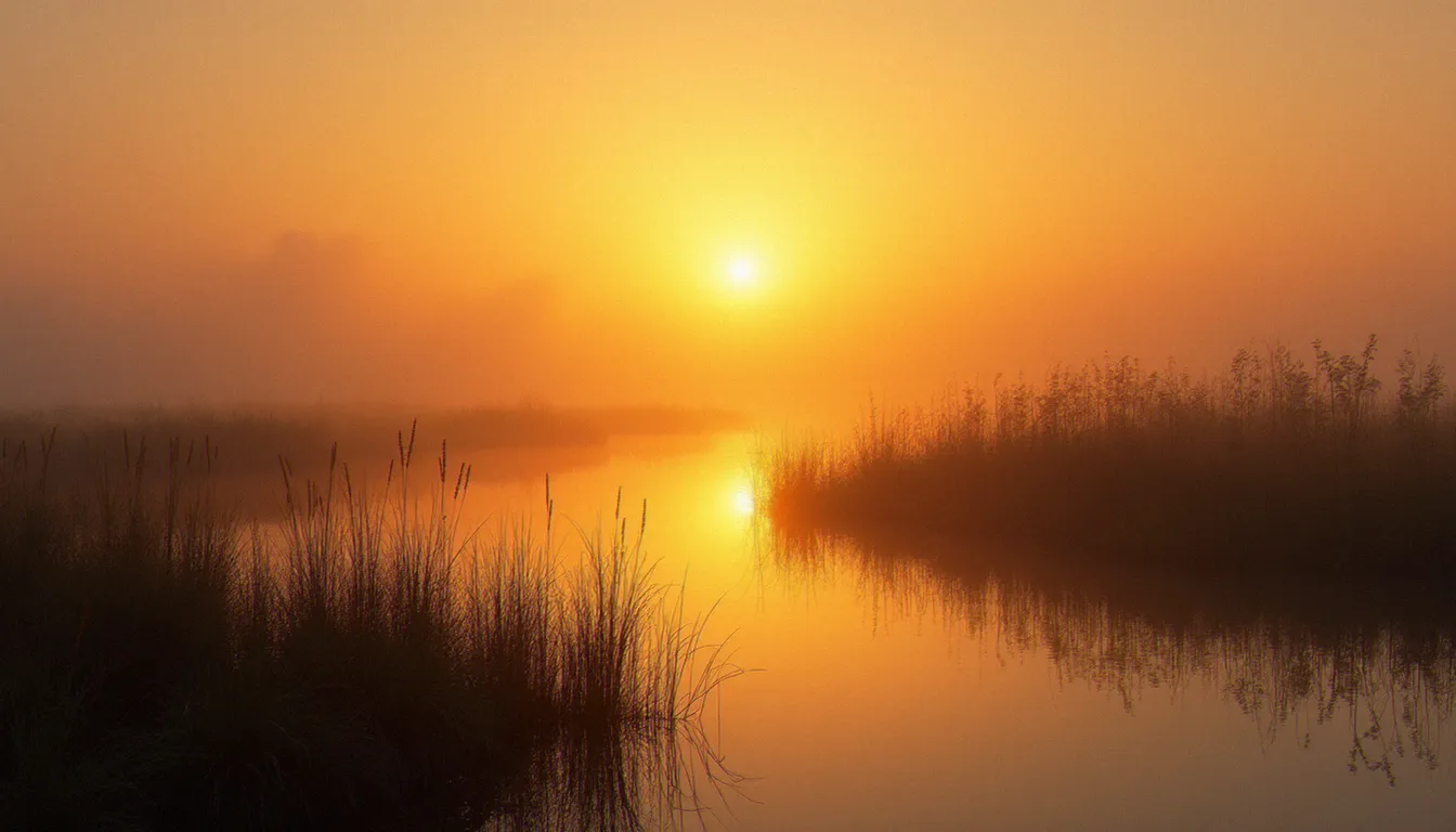 Photo paysage naturel d'un marais charentais au lever du soleil, lumière dorée rasante reflétée sur l'eau entre les roseaux
