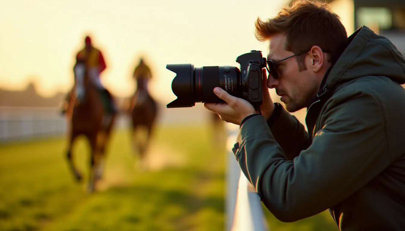 Photographe professionnel avec un téléobjectif en position de prise de vue sur le bord de la piste à Chantilly, capturant un cheval alezan au galop lors d'une course de plat