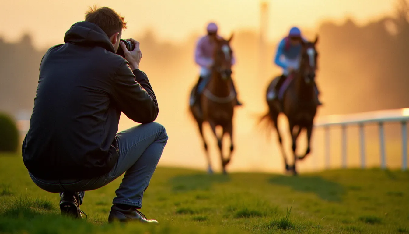 Photographe professionnel accrédité capturant des pur-sang en plein galop sur la piste de Chantilly lors du Prix de Diane, lumière rasante du matin