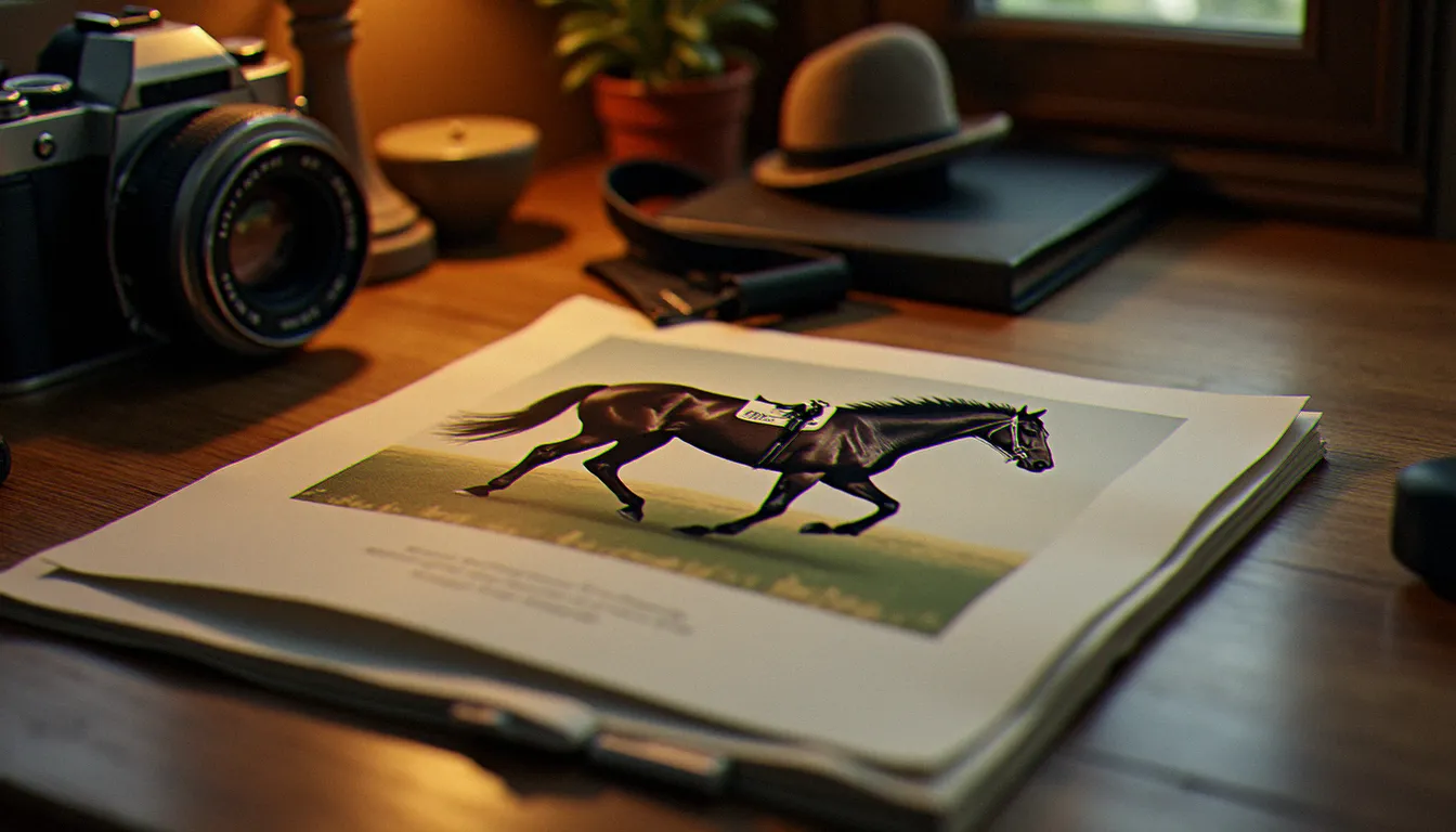 Tirage fine art d'une photo Prix de Diane posé sur une table en bois avec un contrat de prestation photographique et un appareil photo professionnel