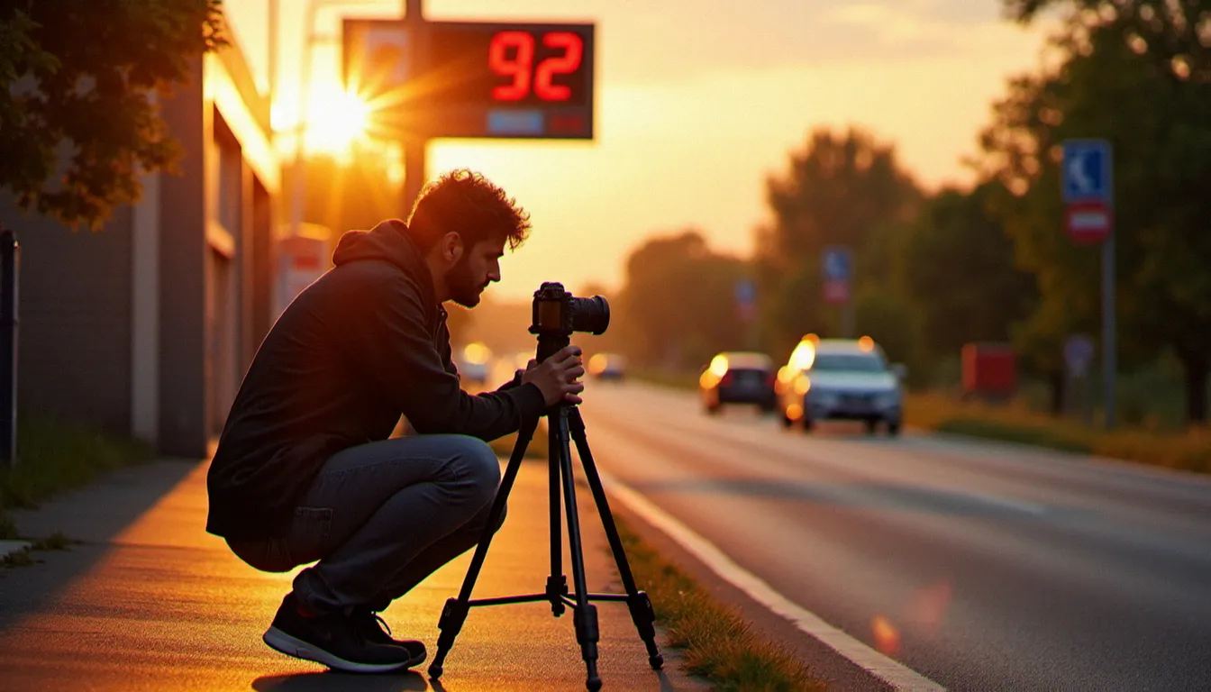 Photographe installant un trépied en bord de route face à une station-service à l'heure dorée pour photographier le prix de l'essence