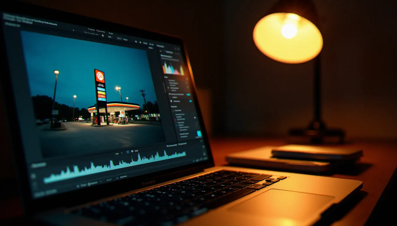 Retouche en post-traitement d'une photo prix de l'essence sur Lightroom, session d'édition documentaire en lumière naturelle tamisée
