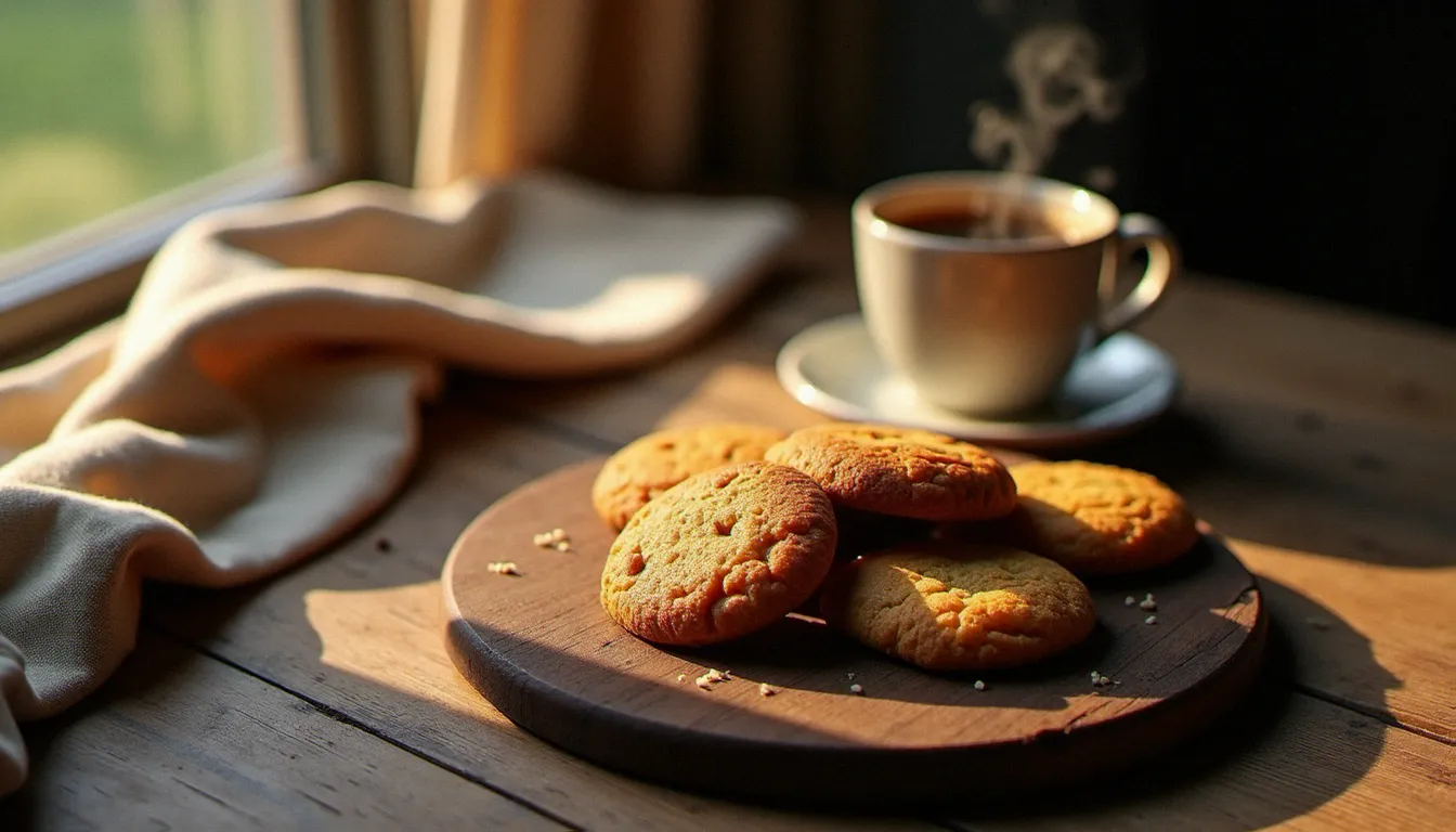 Cookies artisanaux sur planche de bois sombre avec tasse de café en arrière-plan flou, vapeur légère et lumière matinale rasante créant une atmosphère chaleureuse