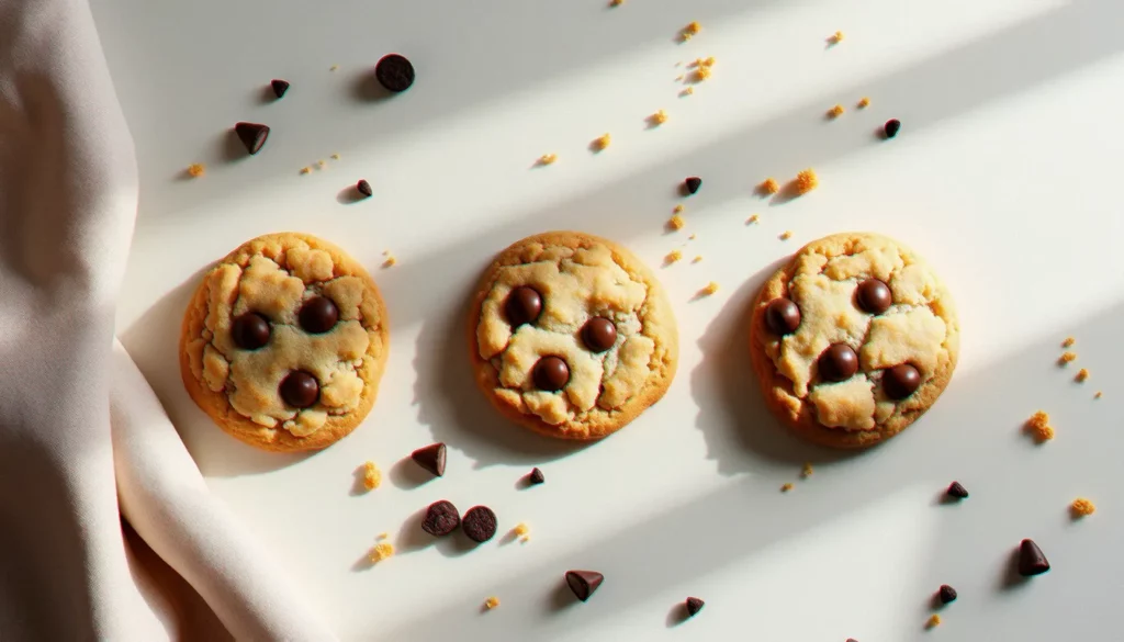 Photo recette cookie vue du dessus sur marbre crème avec lumière naturelle latérale et miettes de biscuit dispersées