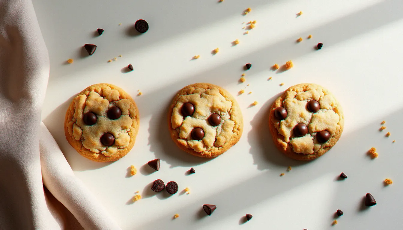 Photo recette cookie vue du dessus sur marbre crème avec lumière naturelle latérale et miettes de biscuit dispersées