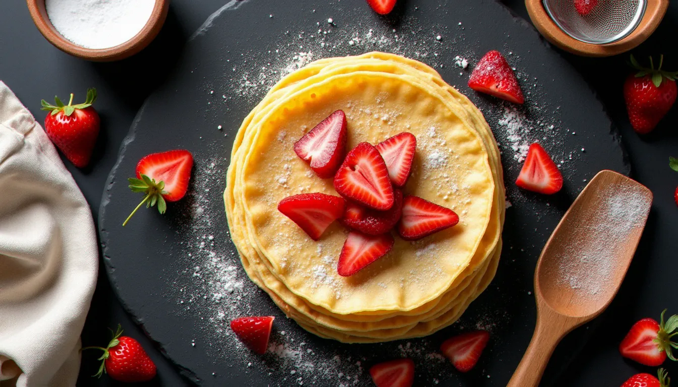 Vue de dessus d'une pile de crêpes sur ardoise sombre entourées de fraises fraîches et d'une passoire à sucre glace, composition flat lay en lumière naturelle