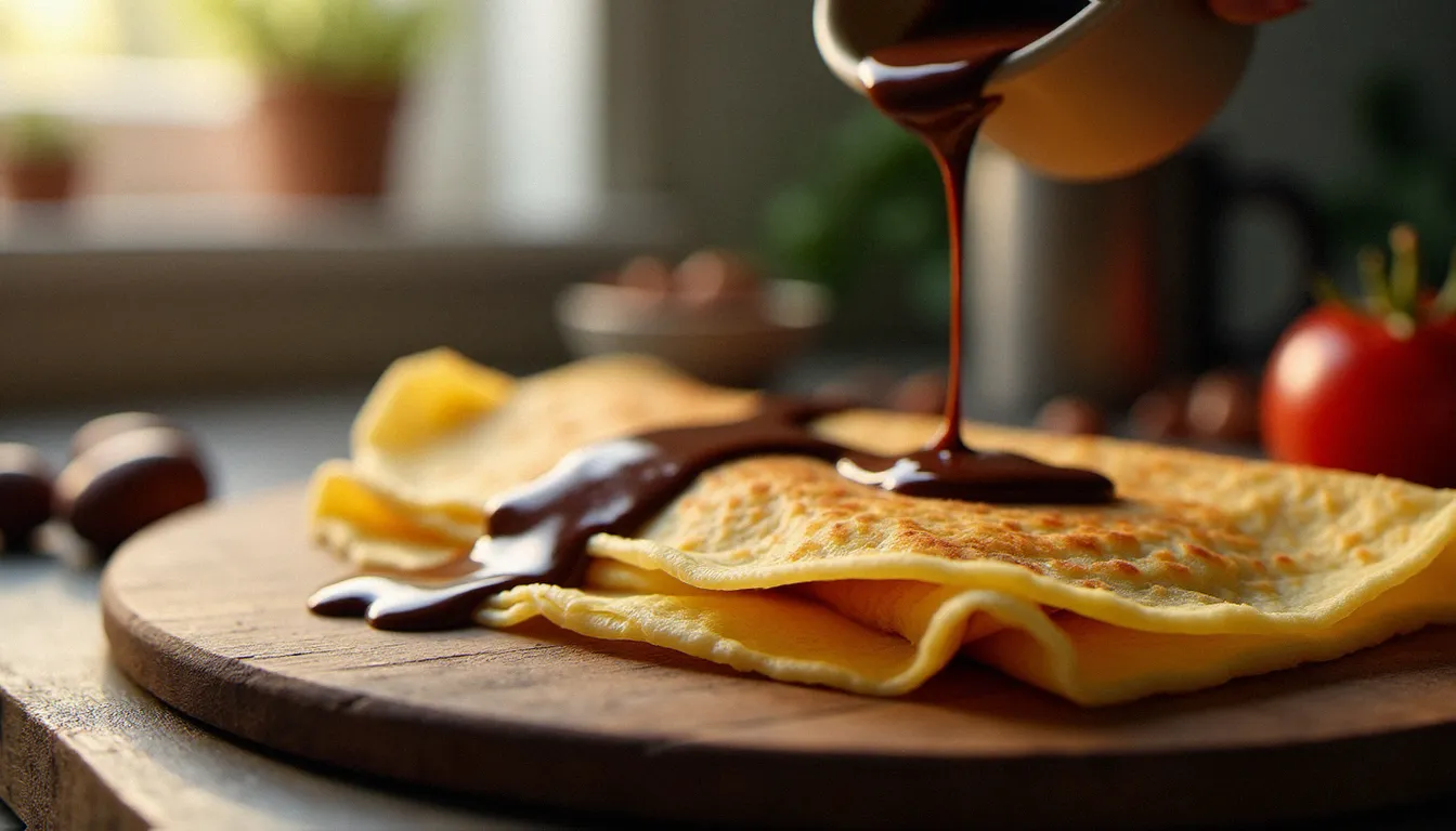 Gros plan latéral d'une crêpe nappée de sauce chocolat brillant en lumière naturelle, texture du bord de la crêpe nettement visible sur planche en bois rustique