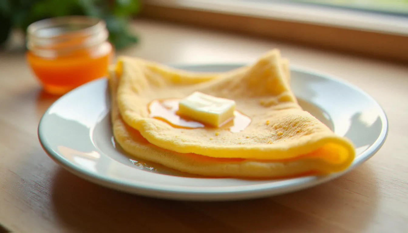 Photo recette crêpe dorée pliée en triangle sur assiette blanche, éclairée en lumière naturelle latérale depuis une fenêtre, avec un pot de confiture en arrière-plan flou