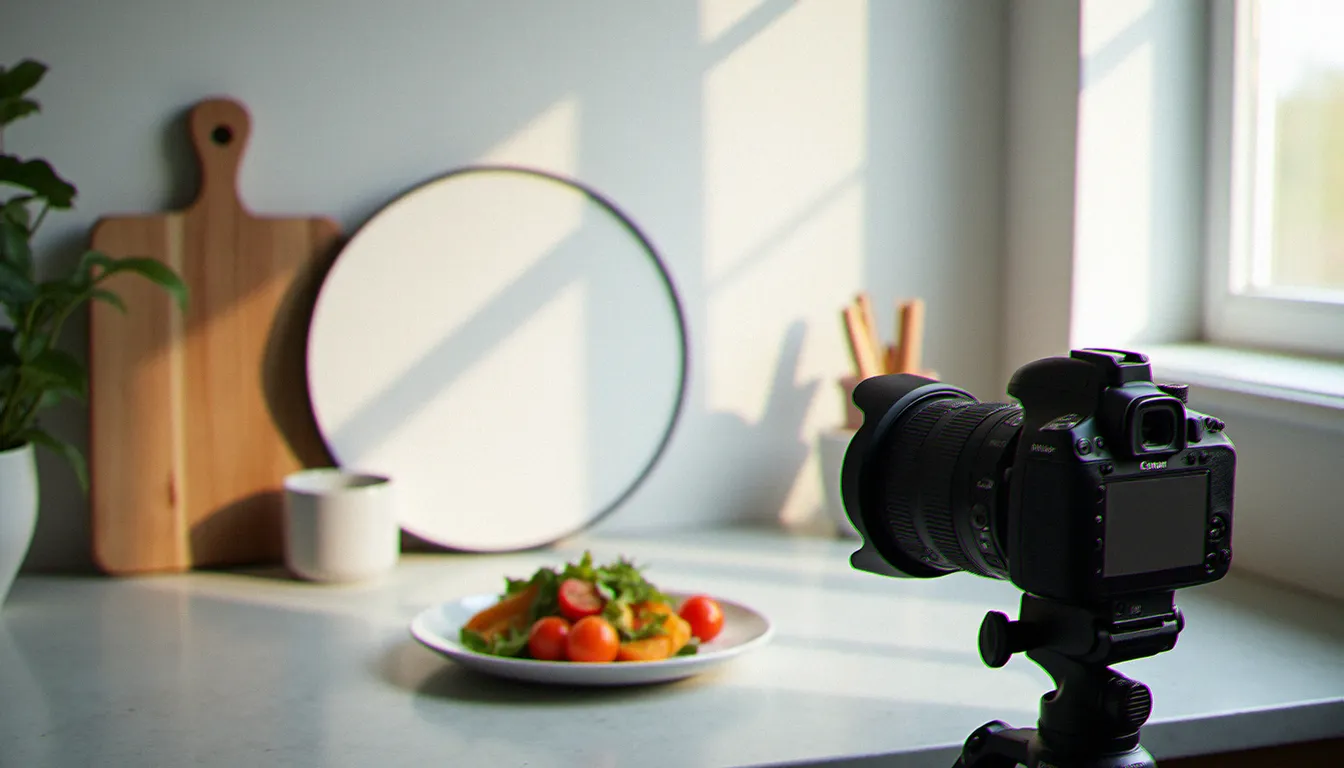 Configuration de prise de vue en lumière naturelle pour photo recette cuisine, avec trépied, réflecteur blanc et fenêtre nord diffusant une lumière douce sur un plat de légumes rôtis