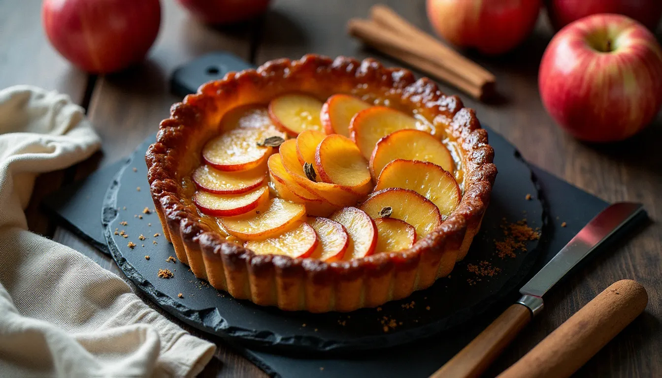 Composition flat lay pour photo recette cuisine d'une tarte tatin rustique sur ardoise, éclairée en lumière naturelle diffuse, avec accessoires en bois et tissu lin vintage