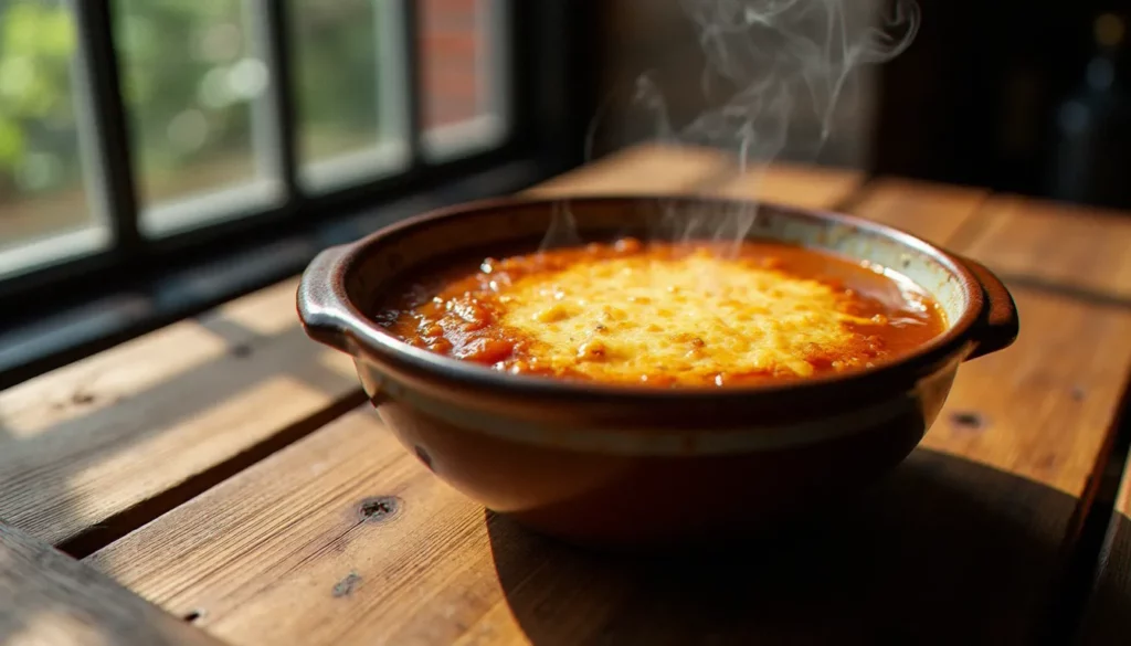 Photo recette cuisine d'une soupe à l'oignon gratinée dans un bol en céramique, éclairée en lumière naturelle latérale depuis une fenêtre, vapeur visible sur fond de bois ancien
