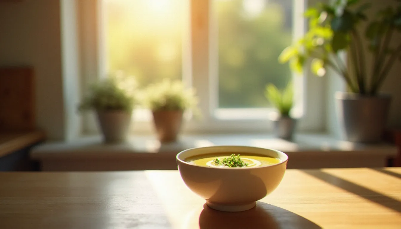 Cuisine lumineuse avec une fenêtre orientée nord laissant entrer une lumière douce du matin, table en bois avec réflecteur blanc pour photographier un plat de courgette à la crème