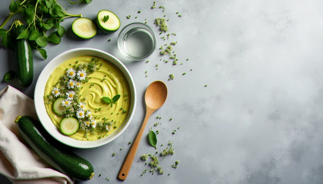 Vue en plongée d'une composition food styling autour d'un plat de courgette à la crème, avec courgettes entières, herbes fraîches et cuillère en bois sur ardoise grise, lumière naturelle diffuse