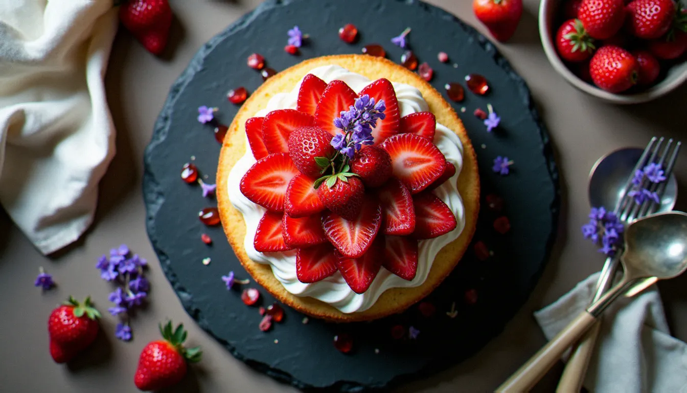 Vue du dessus d'un gâteau rustique aux fraises entouré d'accessoires vintage et de fleurs séchées sur ardoise noire, composition flat lay pour photo recette gateau