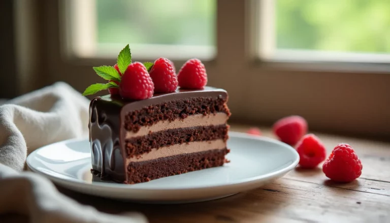 Photo recette gateau montrant une tranche de layer cake chocolat-framboise en lumière naturelle, posée sur une assiette blanche avec un arrière-plan en bois clair