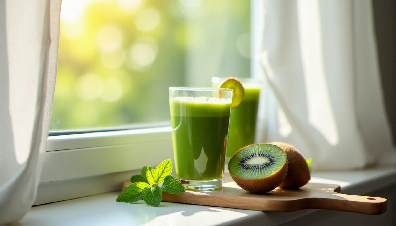 Smoothie vert photographié à la lumière naturelle de la fenêtre le matin, avec reflets doux et fond flou en photographie de recette saine