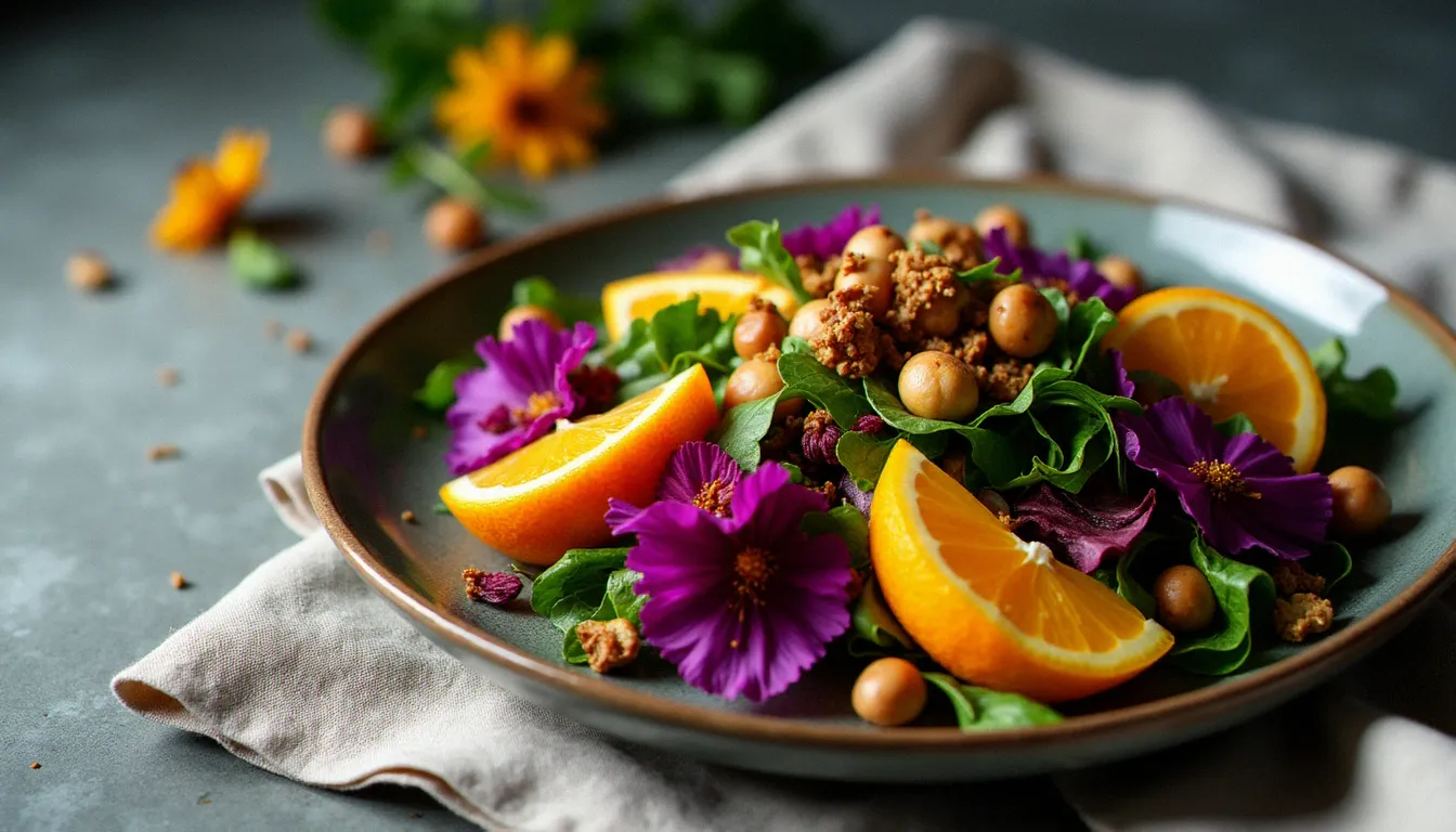 Salade healthy colorée dans un bol en céramique artisanale photographiée en angle 45° avec lumière naturelle latérale sur fond béton mat
