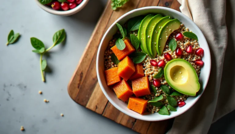 Photo recette healthy vue du dessus d'un bowl de quinoa avec patate douce rôtie, avocat et grenade sur planche en bois naturel, lumière naturelle douce