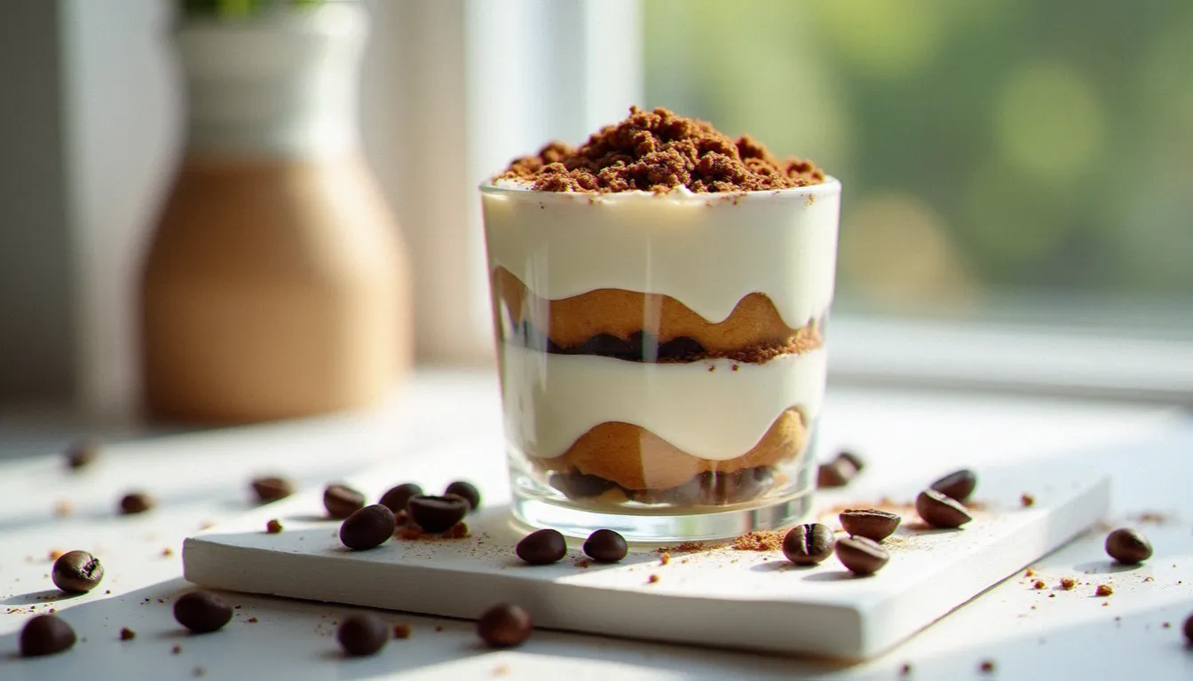 Verrine de tiramisu aux couches visibles photographiée en lumière naturelle latérale avec réflecteur blanc, technique utilisée en food photography