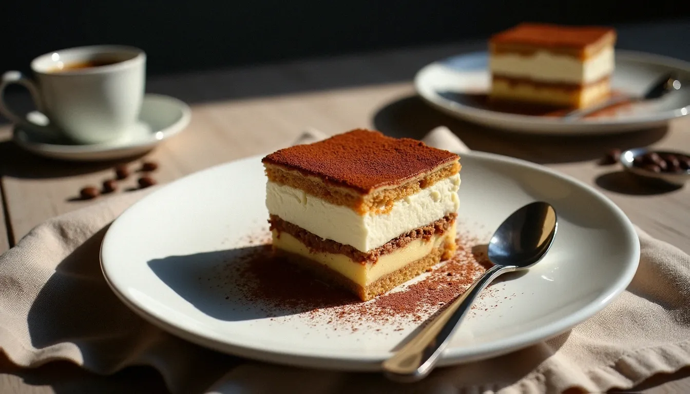 Part de tiramisu découpée sur assiette blanche montrant les couches internes, stylisée avec une tasse d'espresso et une cuillère vintage pour une photo recette tiramisu en lumière naturelle