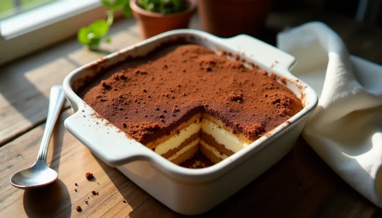 Photo recette tiramisu servi dans un plat en céramique blanche, saupoudré de cacao, éclairé en lumière naturelle latérale sur une table en bois
