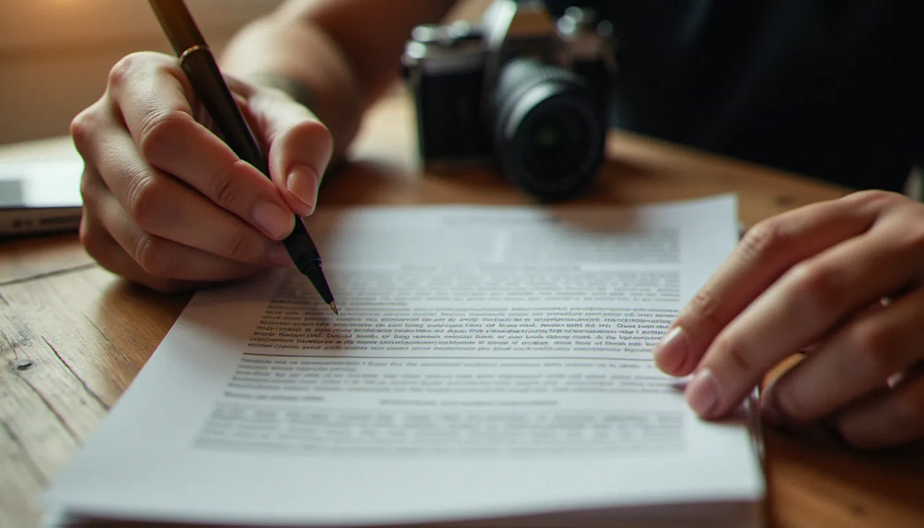 Formulaire de cession de droit à l'image posé sur une table en bois, illustrant la procédure pour obtenir un consentement valable avant une séance photo