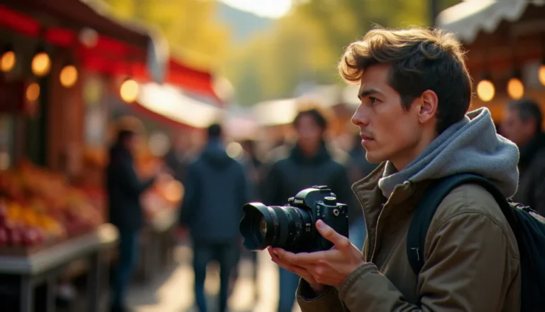 Photographe tenant un appareil photo sur un marché en plein air, illustrant la question du droit à l'image et de la photo sans consentement