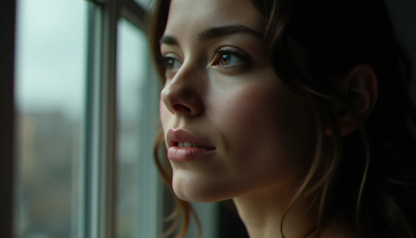 Portrait rapproché en lumière de fenêtre diffuse par temps nuageux, éclairage doux sans ombres dures sur la zone buccale, expression naturelle et apaisée