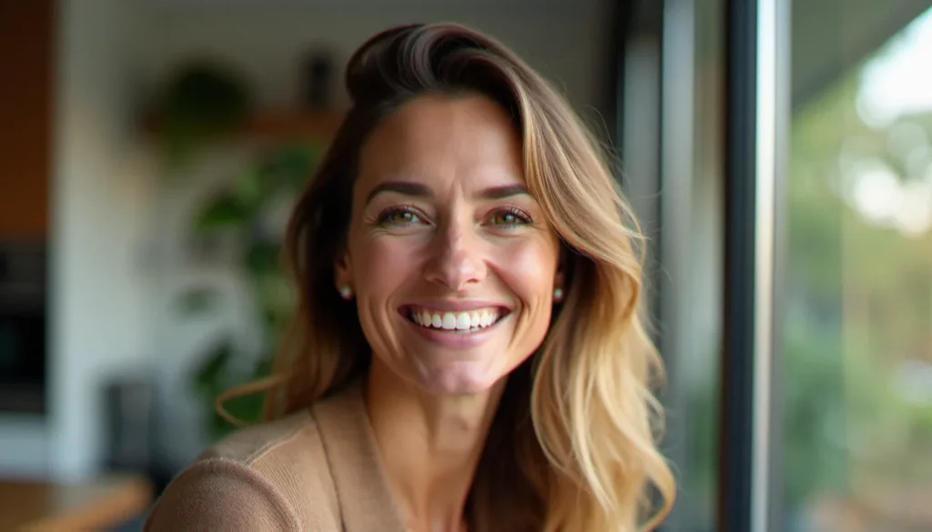 Portrait en lumière naturelle d'une femme souriante sans montrer ses dents, prise près d'une fenêtre avec un éclairage doux et diffus