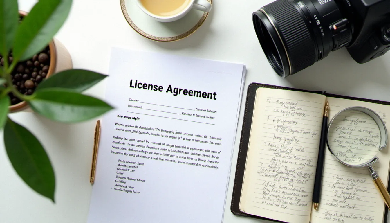 Espace de travail photographique avec documents de licence, appareil photo et notes manuscrites sur les droits d'image en lumière naturelle
