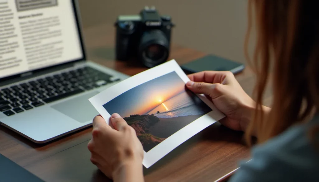 Mains de photographe tenant une photo sans droit sur un bureau en bois, avec un écran affichant une licence Creative Commons en arrière-plan
