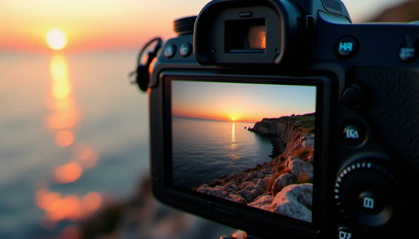Écran de viseur d'appareil photo montrant une photo sans filigrane de la côte atlantique française à l'aube, lumière de lever de soleil