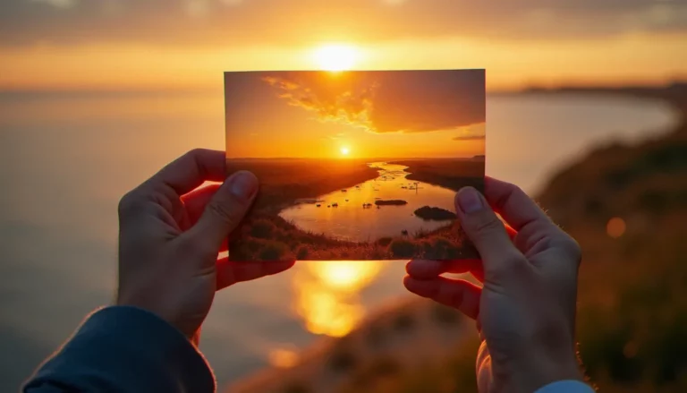 Photographe tenant une photo sans filigrane d'un lever de soleil sur les marais charentais, lumière dorée naturelle