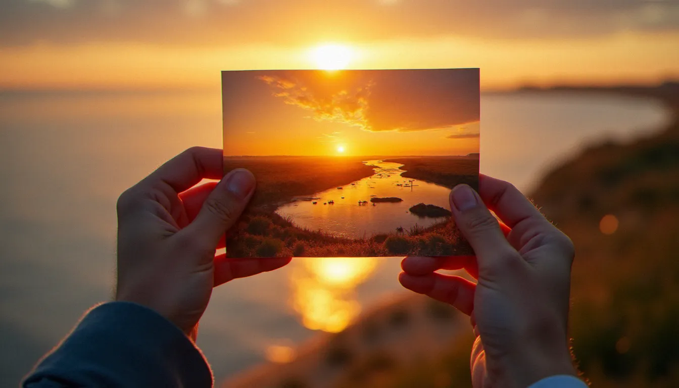 Photographe tenant une photo sans filigrane d'un lever de soleil sur les marais charentais, lumière dorée naturelle