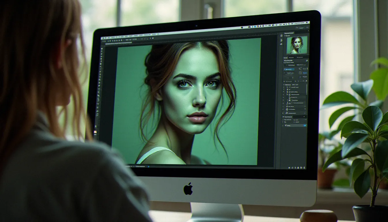 Écran d'ordinateur affichant l'interface Photoshop avec l'outil Sélection et masque pour détourer précisément les cheveux d'un portrait en photo sans fond