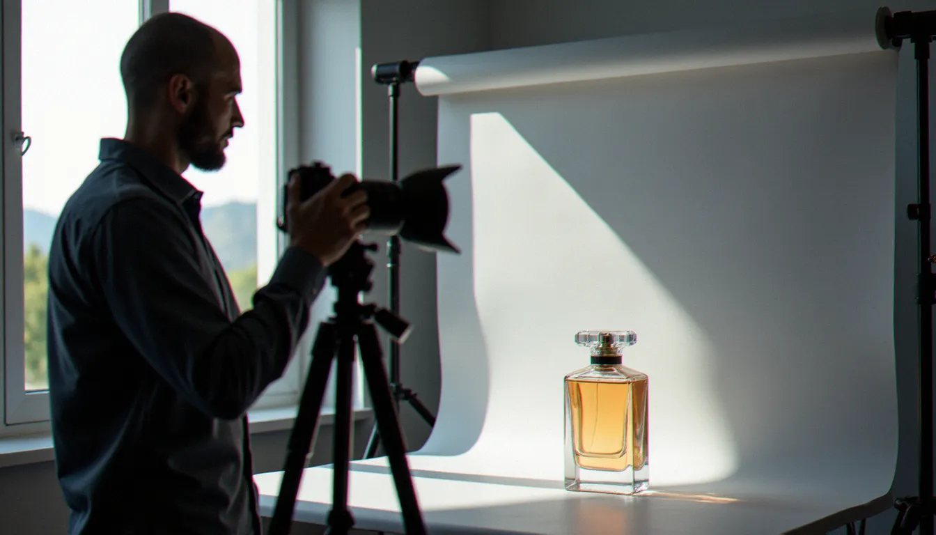 Photographe en studio réalisant une photo sans fond d'un flacon de parfum sur fond gris neutre avec éclairage naturel latéral