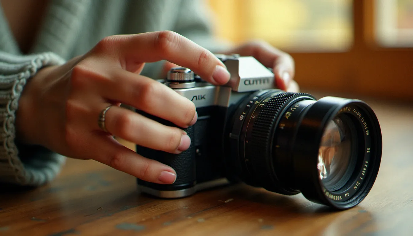 Mains d'une photographe réglant l'objectif d'un appareil argentique en lumière naturelle de fenêtre, composition de photo sans identité centrée sur les détails corporels expressifs