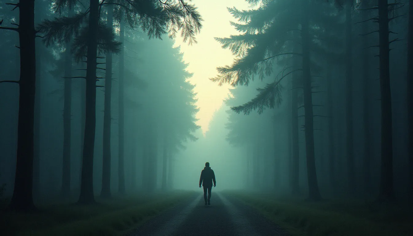 Silhouette solitaire d'une personne marchant dans une forêt de pins brumeuse à l'aube, illustration atmosphérique de la photo sans identité dans un environnement naturel enveloppant