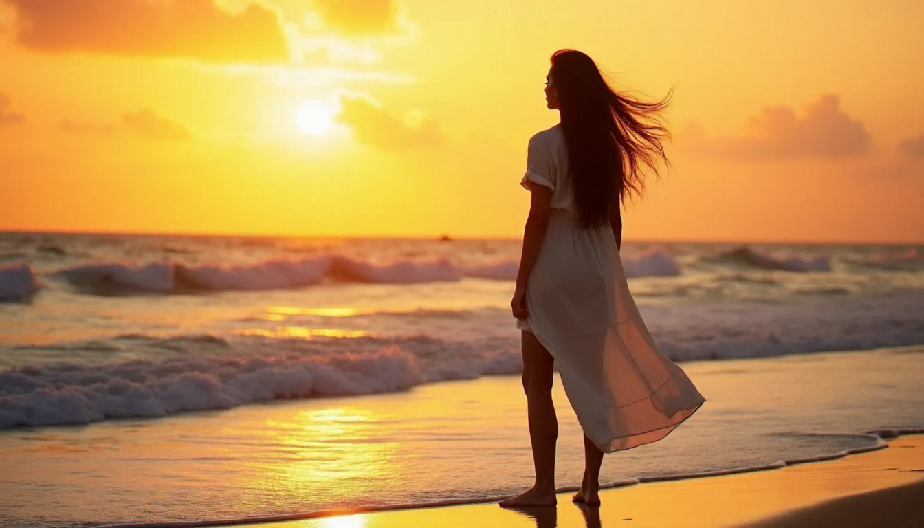 Silhouette d'une femme photographiée de dos face à l'océan Atlantique au coucher du soleil, exemple poétique de photo sans identité en lumière naturelle dorée