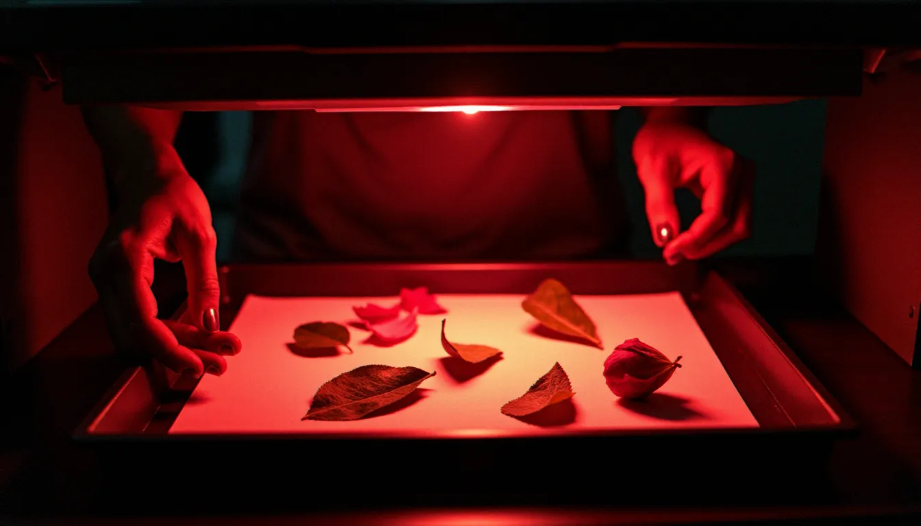 Atelier de chambre noire avec lumière inactinique rouge, mains disposant des feuilles sur papier photographique pour réaliser un photogramme argentique