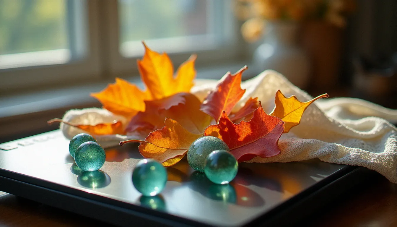 Scanner à plat ouvert avec des feuilles d'automne, billes en verre et dentelle posées sur la vitre pour créer un scanogramme, technique moderne de photo sans photo numérique