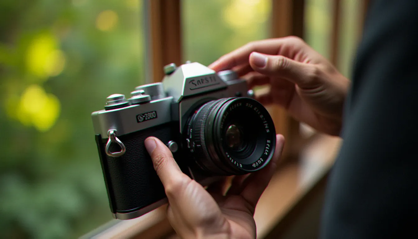 Gros plan sur des mains tenant un appareil photo avec un objectif 85mm, lumière naturelle latérale, profondeur de champ réduite