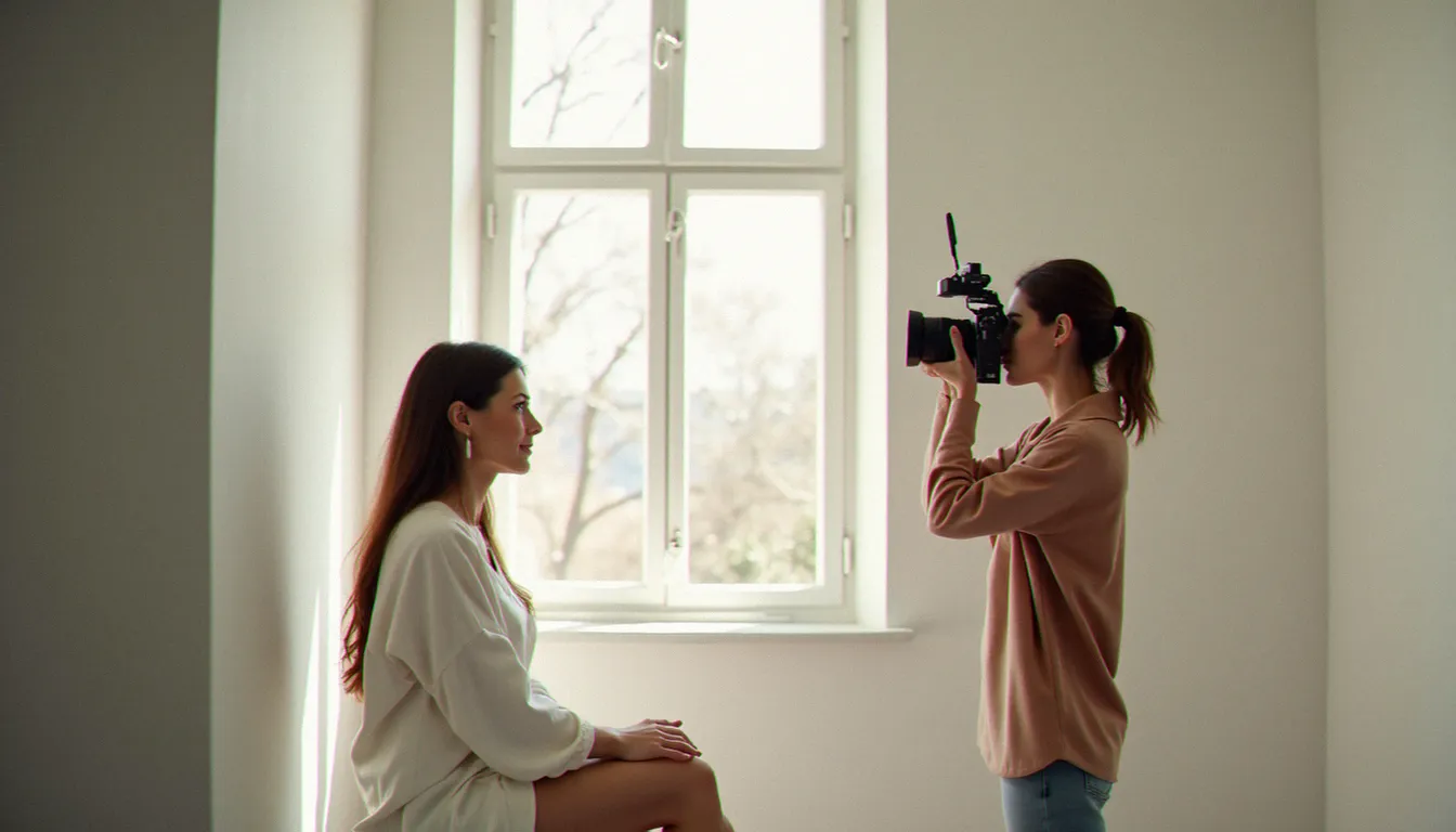 Photographe réalisant un portrait en lumière naturelle de fenêtre dans un intérieur épuré, esthétique caractéristique de la tendance photo 2016