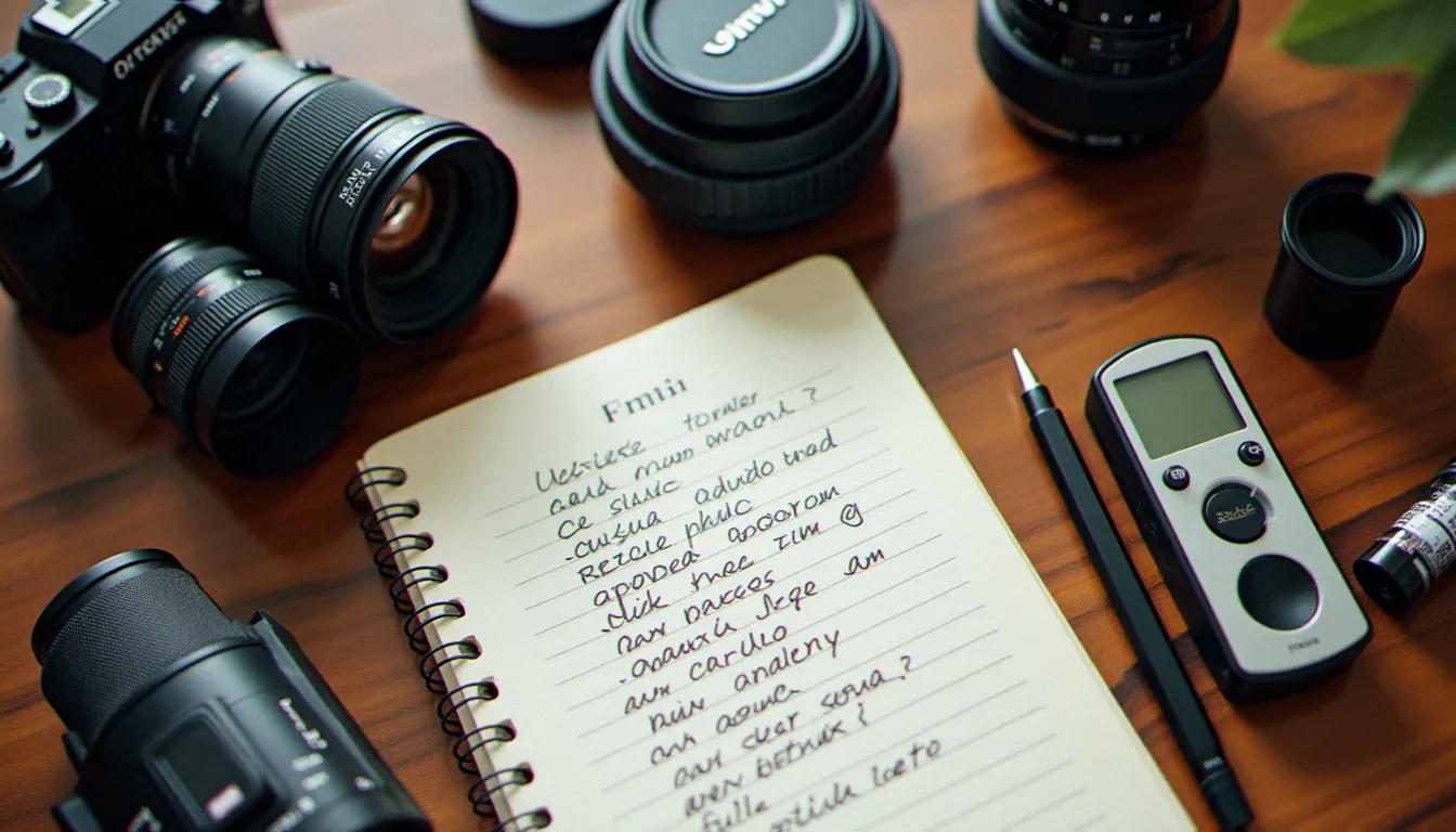 Accessoires photographiques disposés sur une table en bois avec un carnet de notes sur les termes abrégés du vocabulaire photo