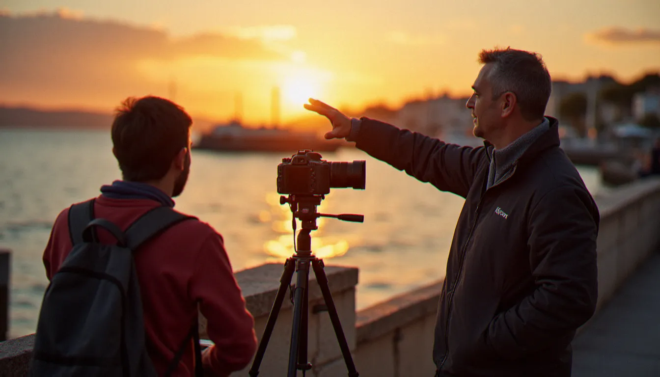 Atelier photo en petit groupe au bord d'un port au coucher de soleil, illustrant la transmission orale du vocabulaire photographique abrégé